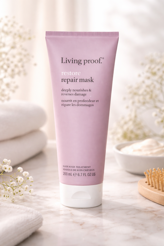 Living Proof Restore Repair Mask für intensive Haarpflege, Produkt in natürlichem Spa Setting mit Handtüchern und Bürste – Living Proof