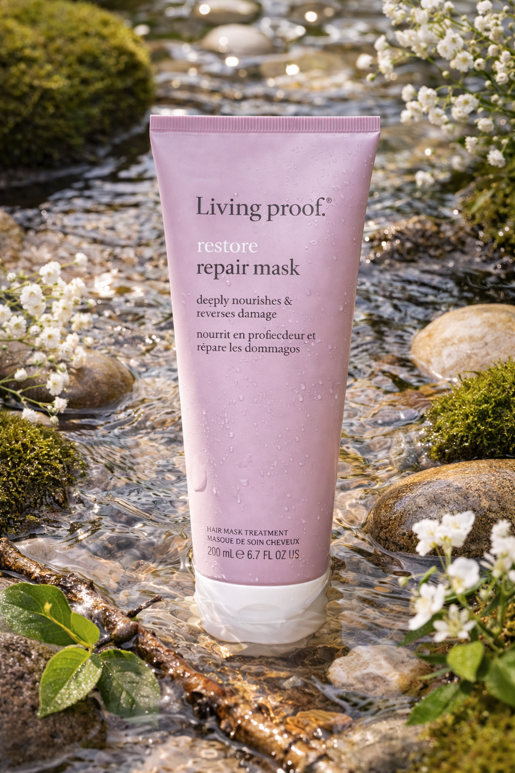 Living Proof Restore Repair Mask für trockenes Haar, Produkt in fließendem Wasser mit Steinen und Blüten – Living Proof