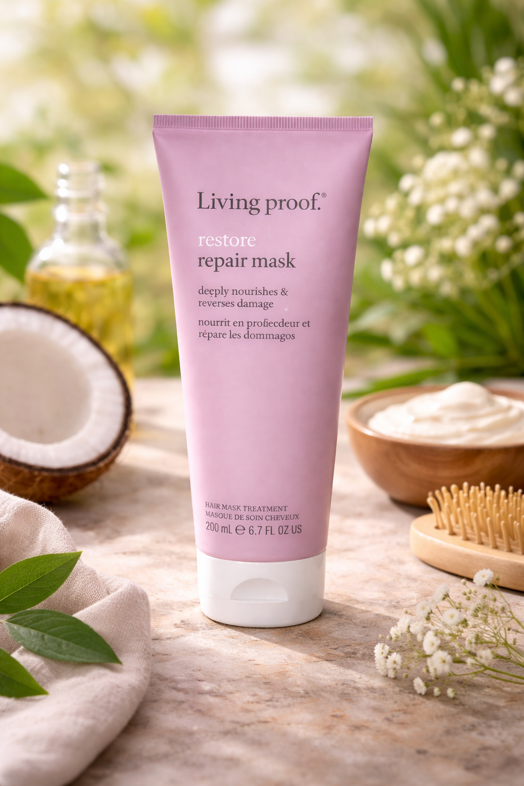Living Proof Restore Repair Mask für strapaziertes Haar, Produktbild mit Kokosnuss Öl Schale und Naturmaterialien – Living Proof