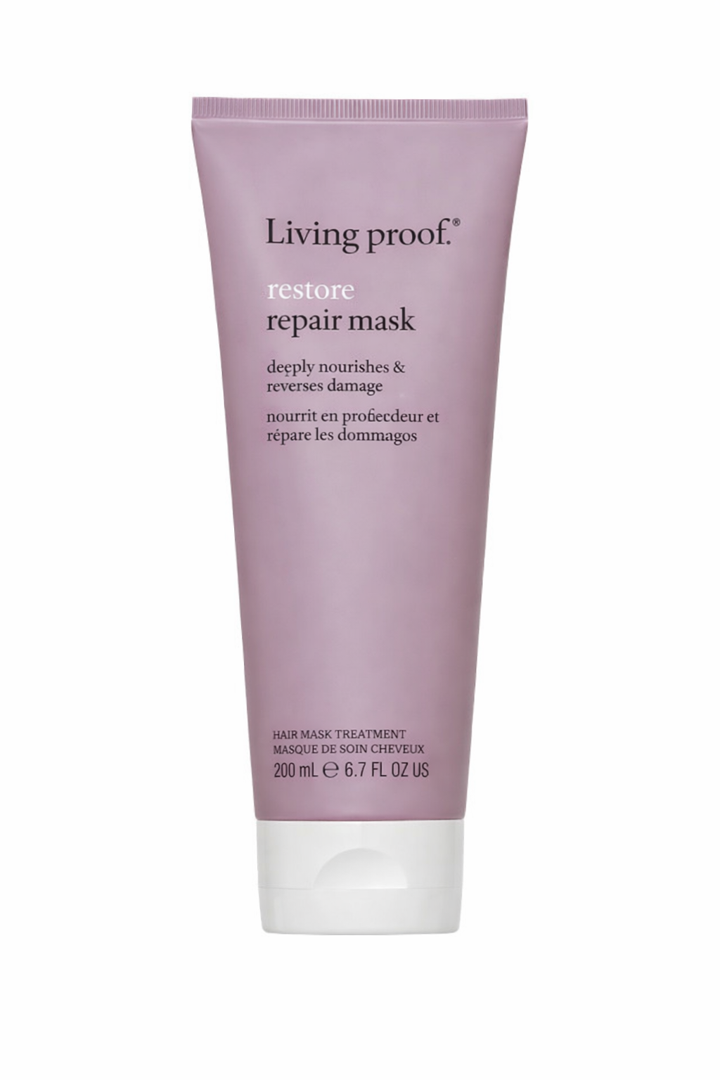 Living Proof Restore Repair Mask für geschädigtes Haar, lila Tube mit weißem Verschluss auf weißem Hintergrund – Living Proof