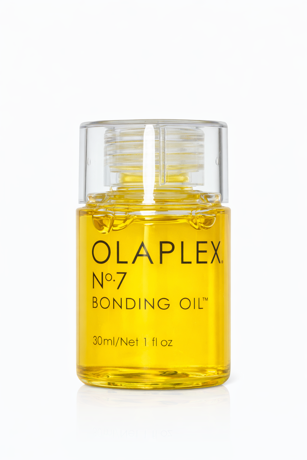 Olaplex No.7 Bonding Oil Glasflasche mit goldenem Haaröl auf weißem Hintergrund – Olaplex