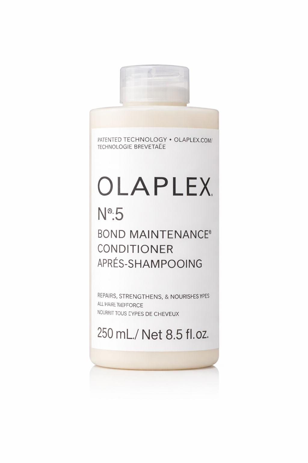 Olaplex No.5 Bond Maintenance Conditioner pflegende Haarspülung, Produktflasche mit geschlossenem Deckel vor weißem Hintergrund – Olaplex