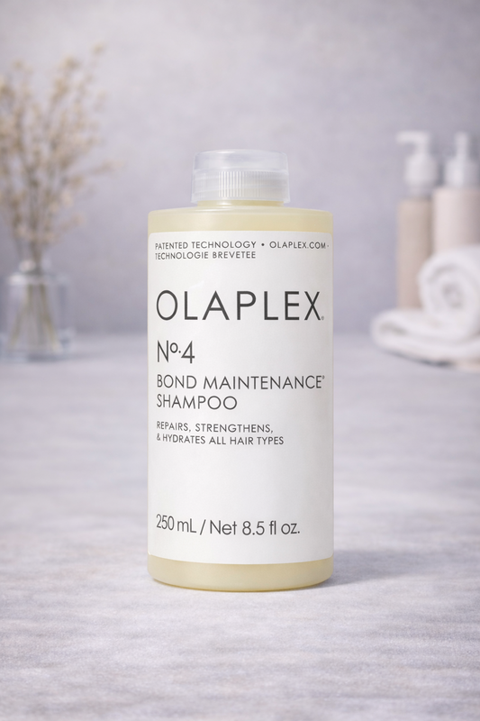 Olaplex No.4 Bond Maintenance Shampoo pflegendes Shampoo für geschädigtes Haar stilvoll inszeniert vor hellem Hintergrund – Olaplex