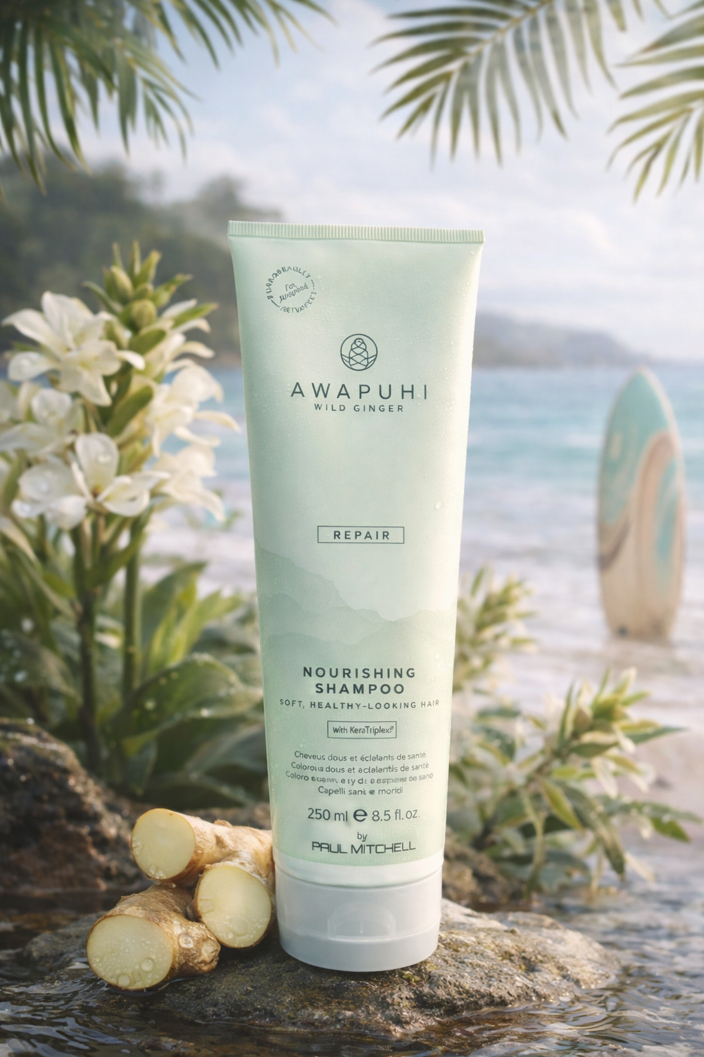 Awapuhi Wild Ginger Repair Nourishing Shampoo, Tube liegend mit Awapuhi Blüte und natürlicher Struktur – Paul Mitchell