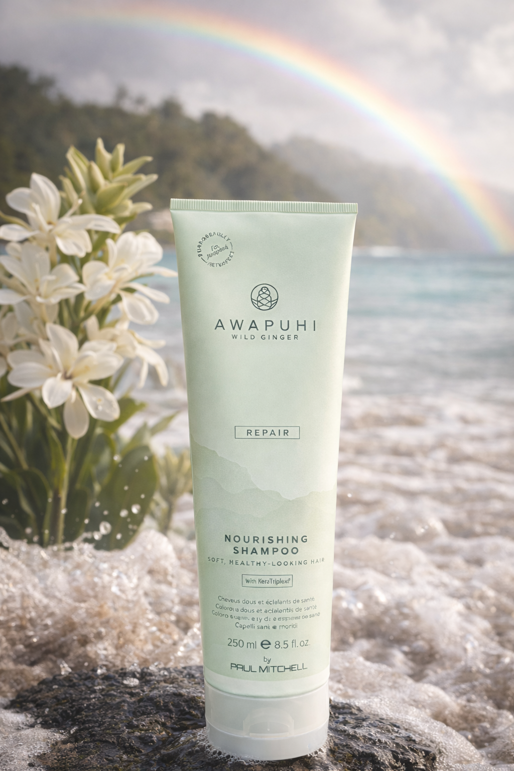 Awapuhi Wild Ginger Repair Nourishing Shampoo, Tube liegend mit Awapuhi Blüte und natürlicher Struktur Bild 2 – Paul Mitchell