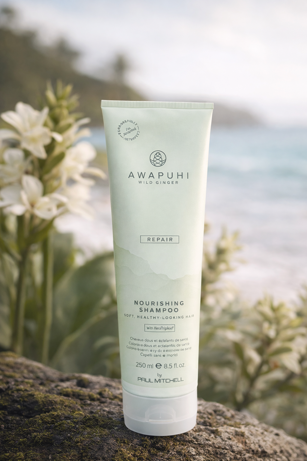 Awapuhi Wild Ginger Repair Nourishing Shampoo, Produkt auf Sand mit weißem Ingwer in natürlicher Umgebung – Paul Mitchell