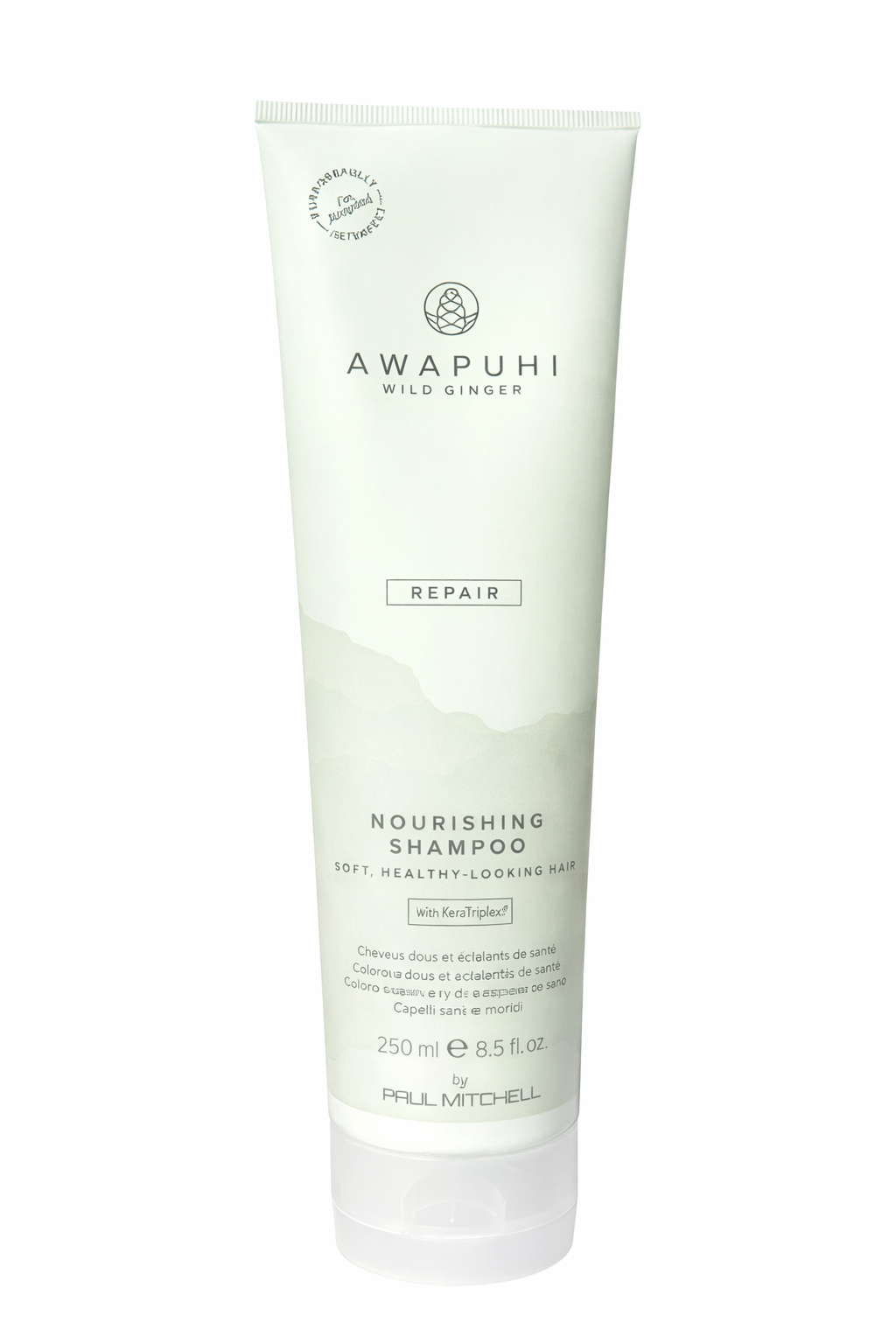 Awapuhi Wild Ginger Repair Nourishing Shampoo, pastellgrüne Tube freigestellt auf weißem Hintergrund – Paul Mitchell