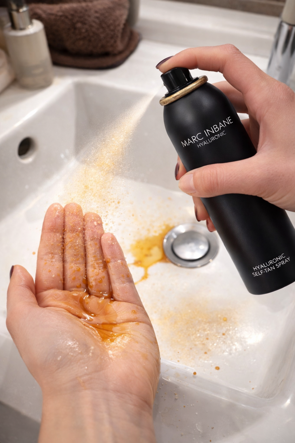 Marc Inbane Hyaluronic Self Tan Spray Anwendung, feiner Bräunungsspray wird auf Hand gesprüht über Waschbecken – Marc Inbane