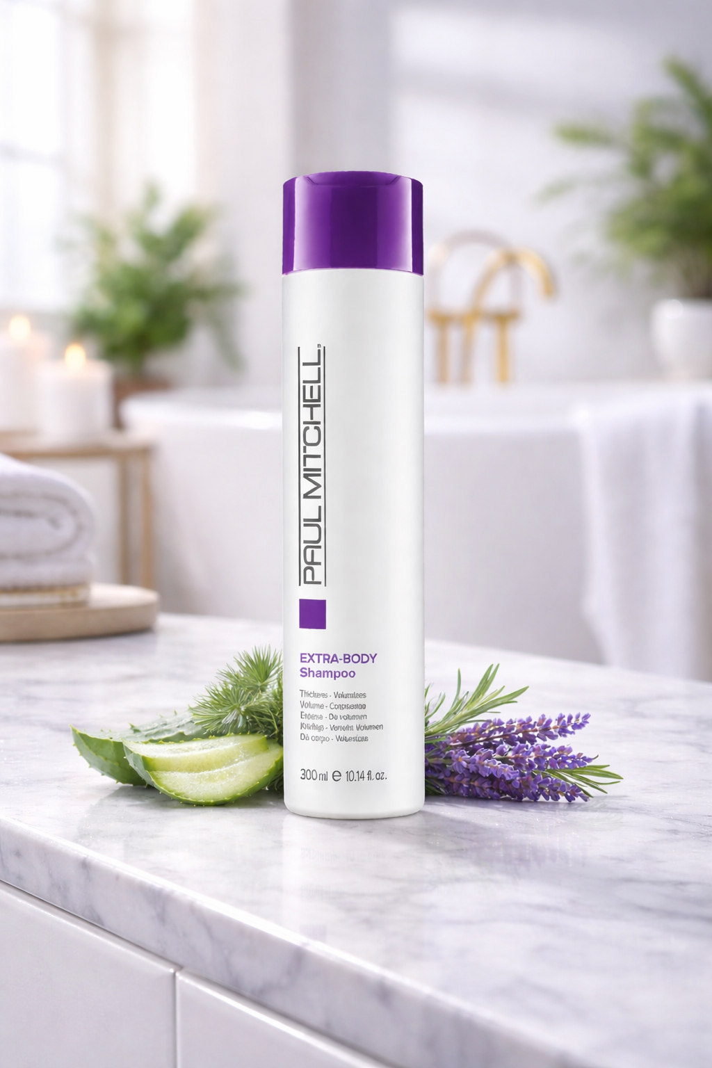 Extra Body Shampoo Volumen Pflege für feines Haar, Produktflasche im hellen Badezimmer auf Marmorablage Bild 2, Paul Mitchell