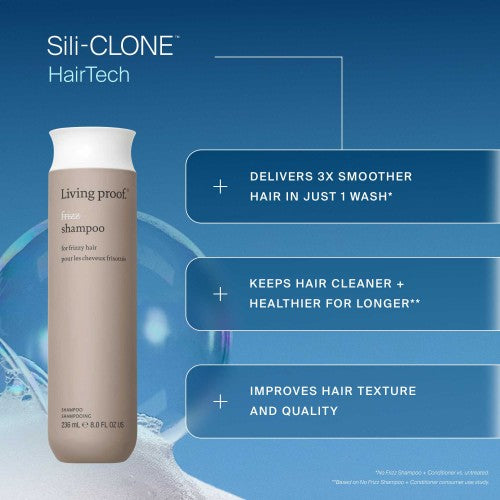 Living Proof No Frizz Shampoo Produktflasche mit Sili CLONE HairTech Wirkversprechen für glatteres Haar – Living Proof