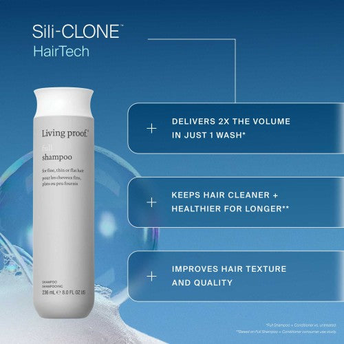 Living Proof Full Shampoo Produktflasche mit Sili CLONE HairTech Wirkversprechen für mehr Volumen – Living Proof
