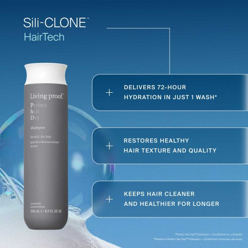 Living Proof Perfect Hair Day Shampoo Produktflasche mit Sili CLONE HairTech Wirkversprechen zu Feuchtigkeit und Haarstruktur – Living Proof