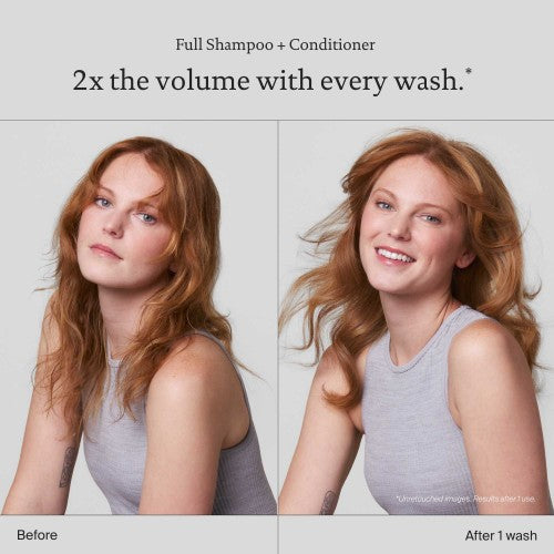 Living Proof Full Pflege Vorher Nachher Vergleich feines Haar mit sichtbar mehr Volumen nach einer Wäsche – Living Proof