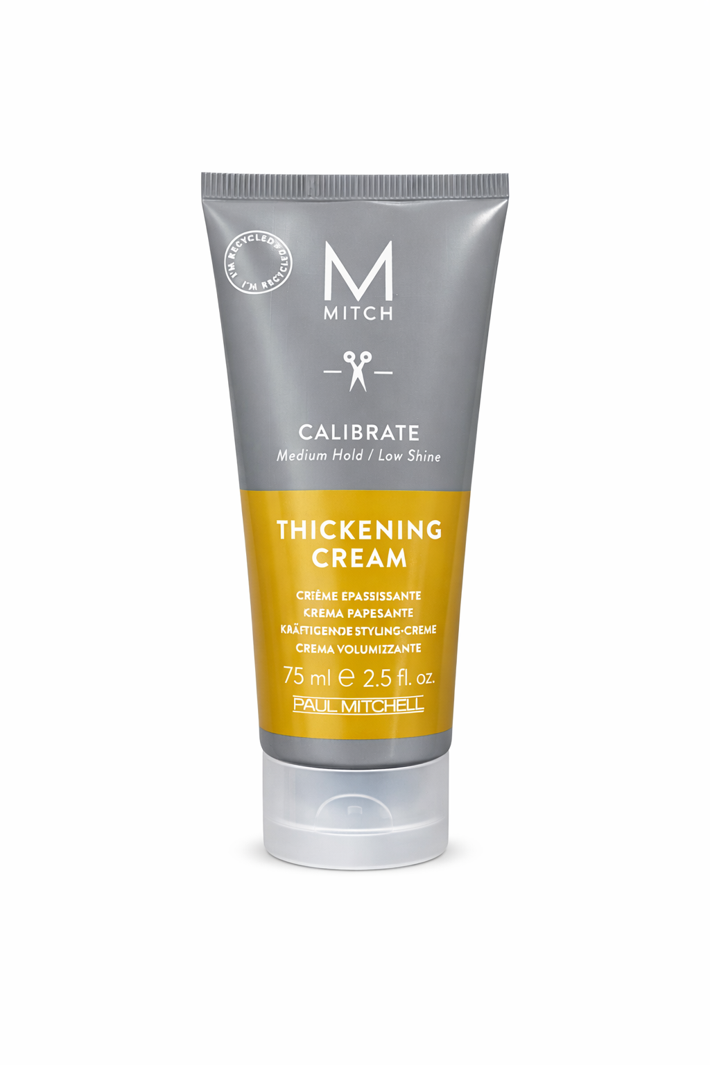 Mitch Calibrate Thickening Cream graue Tube mit gelbem Bereich freigestellt – Paul Mitchell