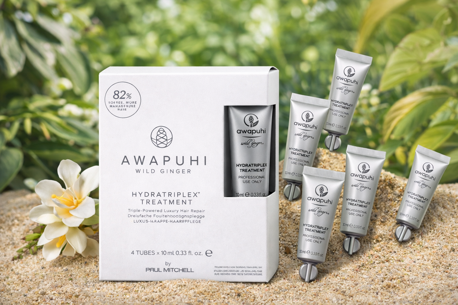 Awapuhi Hydratriplex Treatment, mehrere Ampullen auf natürlichem Untergrund, Paul Mitchell